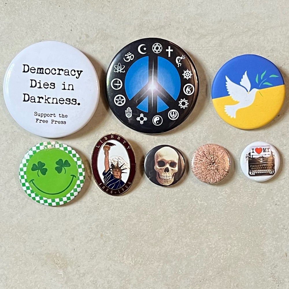 8 Assorted Buttons: 4 Political and Peace-Themed Pins & 4 Miscellaneous Pins